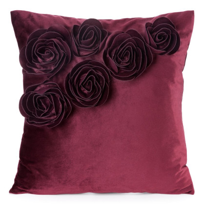 Zamatová obliečka 45x45 cm na vankúš FLORES, 3D ruže burgund Zamatová obliečka 45x45 cm na vankúš FLORES, 3D ruže burgund